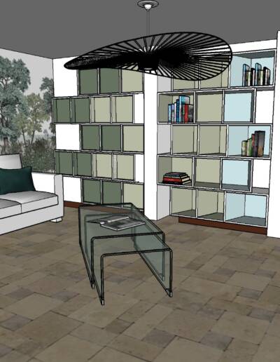 Rénovation, agencement et décoration d'un salon/bibliothèque modulable à Genneville - vue du projet sur-mesure en 3D, par CREA DECO, Décoratrice UFDI à Honfleur, Deauville, Caen - 14
