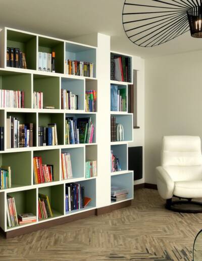 Rénovation, agencement et décoration d'un salon/bibliothèque modulable à Genneville - vue sur la bibliothèque et le jardin, par CREA DECO, Décoratrice UFDI à Honfleur, Deauville, Caen - 14