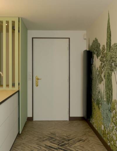 Rénovation, agencement et décoration d'un salon/bibliothèque modulable à Genneville - vue sur l'entrée et la cuisine d'appoint, par CREA DECO, Décoratrice UFDI à Honfleur, Deauville, Caen - 14